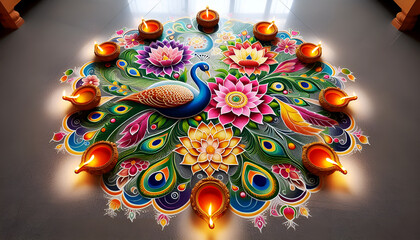 Diwali Peacock Rangoli with Oil Lamps