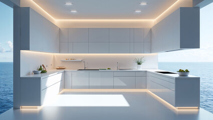 Modern minimalist kitchen design overlooking the ocean with white cabinetry and ambient lighting