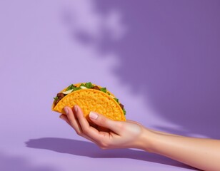 minimalist photo advertisement, hand holding a taco, solid pastel purple background, perfect studio lighting, , 3d lilustration