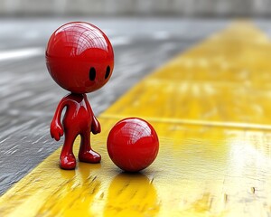 Red figure beside a sphere on asphalt