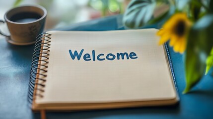 Warm Invitation on Open Notebook with Coffee Cup and Sunflower Still Life Arrangement