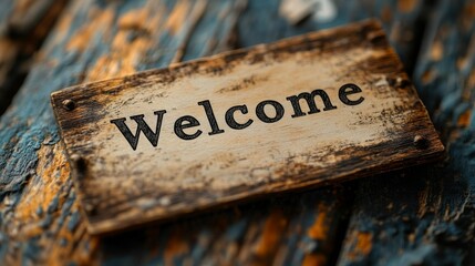 A Rustic Welcome: Wooden Sign Displaying Cordial Invitation on Distressed Surface
