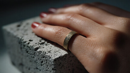 Elegant Gold Ring on Woman's Hand Resting on Textured Stone Surface