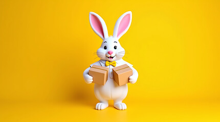 Obraz premium Cute White Cartoon Rabbit with Gift Boxes on Yellow Background