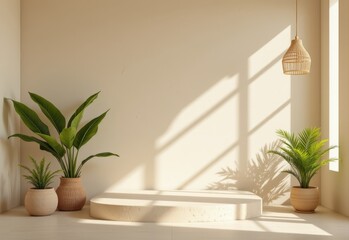 minimal product placement background with palm shadow on beige plaster wall luxury summer architecture interior aesthetic boho hom