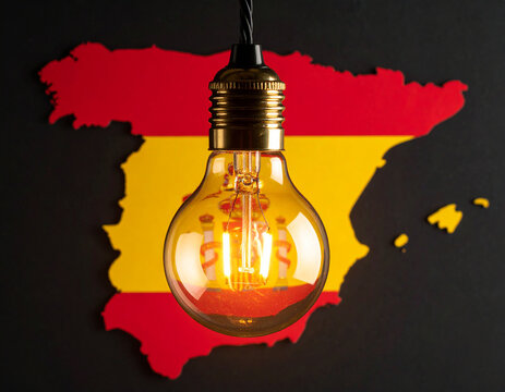 Una bombilla encendida sobre Espa&ntilde;a alumbrando en la oscuridad durante un apag&oacute;n de luz 