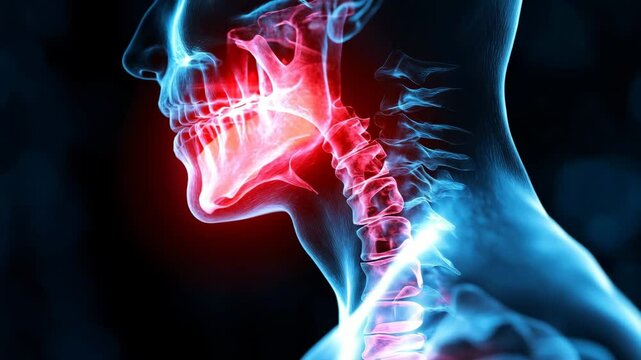 A close up of a person's neck and head with a red and blue color scheme. The image is meant to convey the idea of the neck and head being important parts of the body