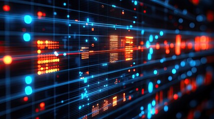Obraz premium Abstract depiction of digital information, a grid of lights and complex data patterns