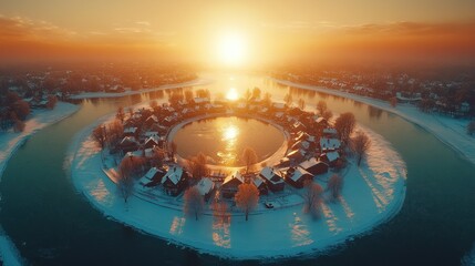 Sunrise over snowy island village, aerial view