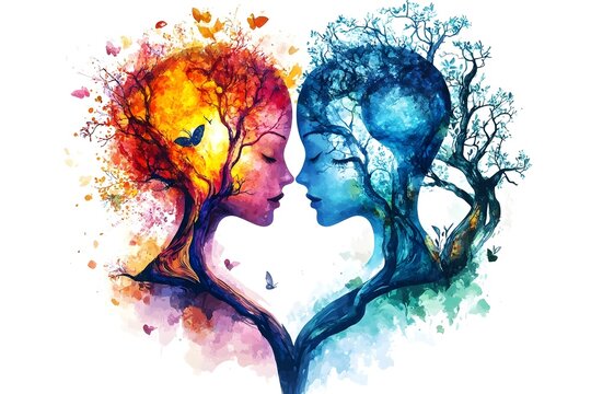 True love. Two illustrated mindsets as branching tree limbs, symbolizing the growth and connection of a true love oriented mindset.