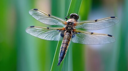 Dragonfly Resting on Reed: A Close-Up Insect Portrait