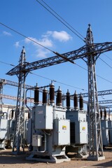 electrical substation with high voltage transformers under clear blue sky, metal structures, power lines, and transformer details