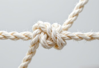 minimalistic close up of white rope with intricate knot against transparent background, possibly cotton material.