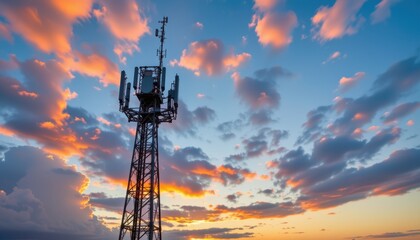 modern metal telecommunications tower with multiple antennas under a sunset sky, creating a peaceful and serene atmosphere