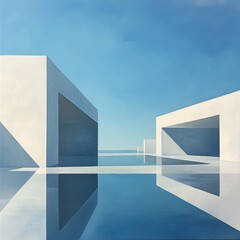White building with water reflection on transparent background