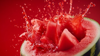 Juicy watermelon half filled with vibrant red chunks, explosion of juice bursting upward, explosion adds flavor motion, explosion of summer energy in macro detail
