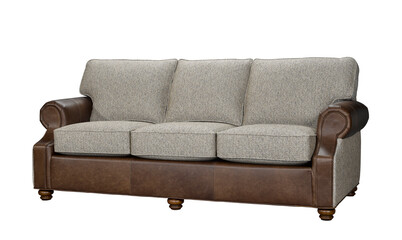 Three seater sofa with fabric cushions and brown leather details on white + clipping path....