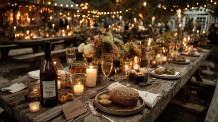 Elegant Outdoor Dinner Setup with Candles and Flowers at Night