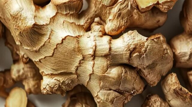 Rotating closeup of fresh ginger root with textured details and warm lighting