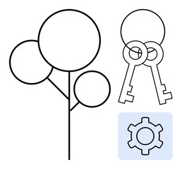 Minimalist tree structure, intersecting keys, and gear icon blend nature, security, and mechanics. Ideal for concepts thumbs up growth, balance, teamwork, security strategy technology or a simple