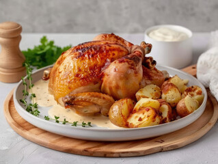 Roasted chicken with creamy sauce and roasted potatoes.  Served on a plate with herbs