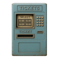 Heavily worn vintage blue ticket machine with keypad, selection screen displaying prices, and dispensing slot.