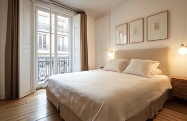 Bright Parisian Apartment Bedroom with White Bedding and Balcony View