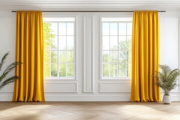 Bright Yellow Curtains and Sunlight in Minimalist White Room Interior
