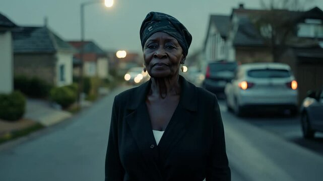 Elderly nigerian woman in iro and buba walks confidently, facing the camera, down a quiet, dimly lit residential street, dolly zoom out, low key lighting
