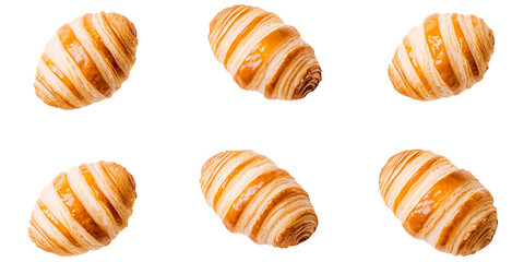 Six golden, flaky croissants arranged in two rows.