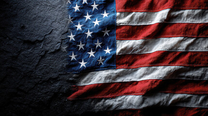 The american flag is a powerful symbol of freedom and democracy in the united states of america resting on a dark cracked stone background representing history.