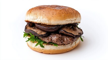 Gourmet Mushroom Burger with Arugula on White Background mushroom burger portobello burger arugula