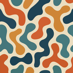 Seamless Retro Abstract Organic Blob Pattern in Bold Teal Orange Mustard and Cream for Surface Design