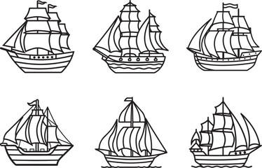 set of sailing ship line art, black outline, vector and illustration, coloring book page line art drawing