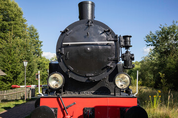 A steam engine is sitting in a field with trees in the background
