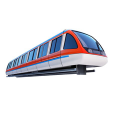 Modern maglev train glides above the ground in a high-tech urban environment during daytime
