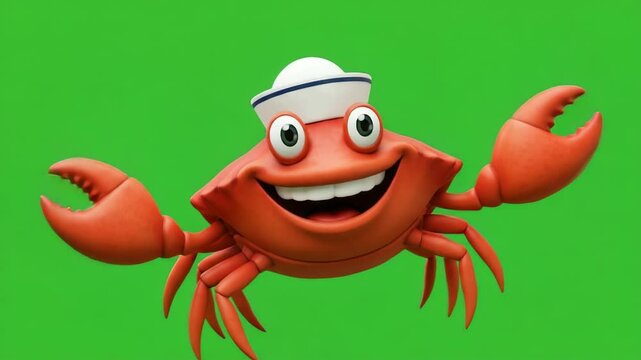 Cheerful cartoon crab with sailor hat on green screen background