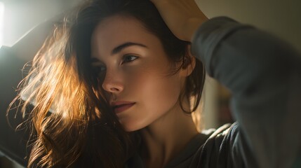 Woman poses with soft lighting. Natural beauty and radiance emphasized by sunlight.