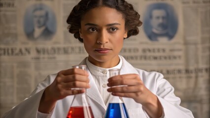 A woman in a lab coat holds two flasks with colorful liquids, symbolizing scientific exploration and discovery against a backdrop of historical newspaper clippings.