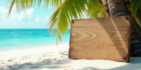 A rustic wooden sign rests on a pristine beach, partially concealed by a lush palm tree, offering a tranquil coastal scene perfect for summer vacation announcements or tropical-themed designs.