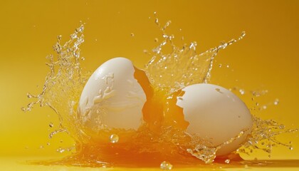 Two Eggs Cracking Water Splashing Yellow Background