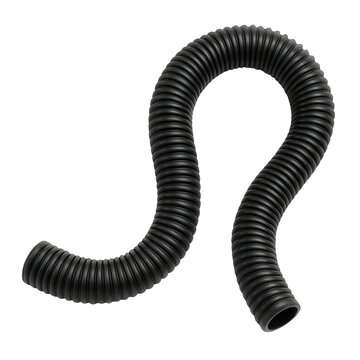 A flexible black corrugated hose demonstrates its adaptability through a flowing curve, emphasizing its ribbed texture.