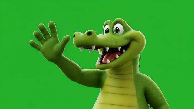 Cheerful cartoon crocodile waving hand against green background