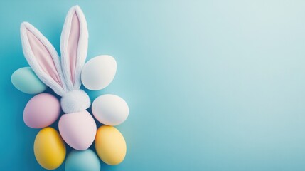 Easter Bunny Ears and Pastel Eggs on Blue Background