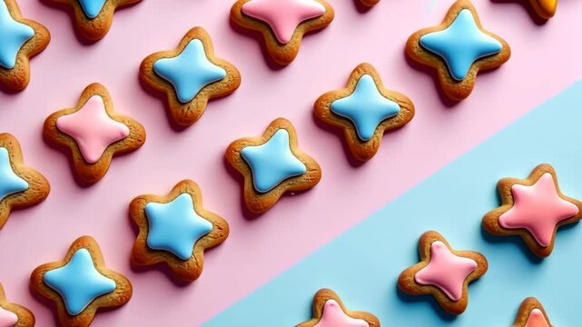 Colorful butterfly cookies arranged in pattern on pastel backgrounds