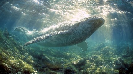 Obraz premium Submergedaquaticbeautywithsparklinglightradiatingfrombelowseamlesslymixedwithmarinelifeenhancingoceanicthemesandbiodiversityundertheseaexploration