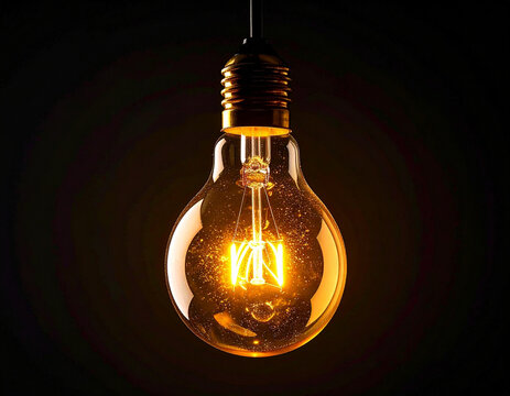 Bombilla encendida alumbrando en la oscuridad durante un apagón de luz colgando de un cable eléctrico símbolo de creatividad, inspiración, innovación, idea brillante sobre fondo negro