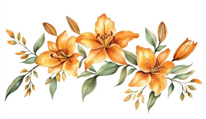 Obraz premium Watercolor Orange Lilies and Green Leaves Horizontal Arrangement