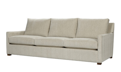 Modern three seater sofa upholstered in neutral fabric isolated on white background + clipping path. Furniture Collection. Please see some similar pictures from my portfolio.