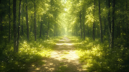 Obraz premium Sunlit path through a lush green forest. Sunlight filters through the trees, illuminating a dirt road